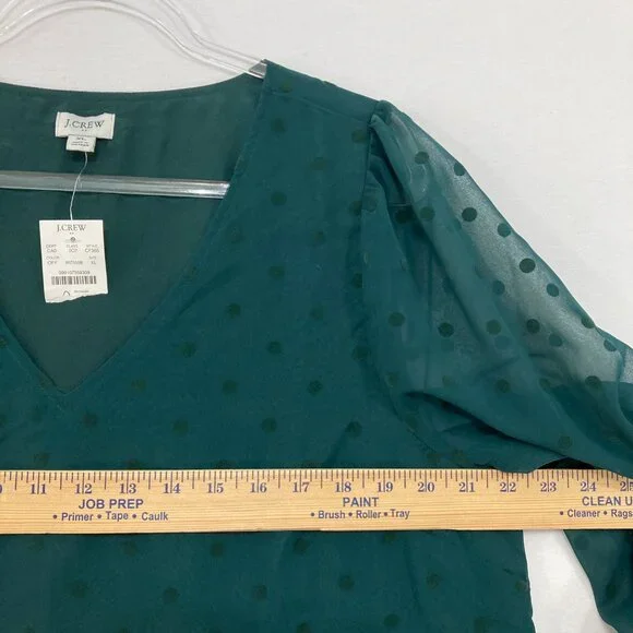New J. Crew size XL Green V Neck Swiss Dot Long Sleeve Chiffon Blouse Preppy - Picture 7 of 12